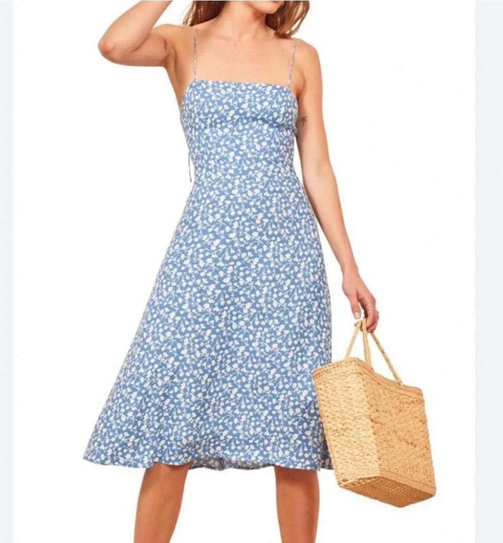 REFORMATION Peach Midi Slip Dress Marie Blue White Floral Print Size 2 Sundress